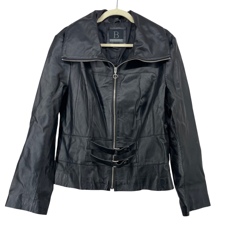 B by Bernardo Size XL Leather Jacket Black Buckle Waist Oversized Collar Womens